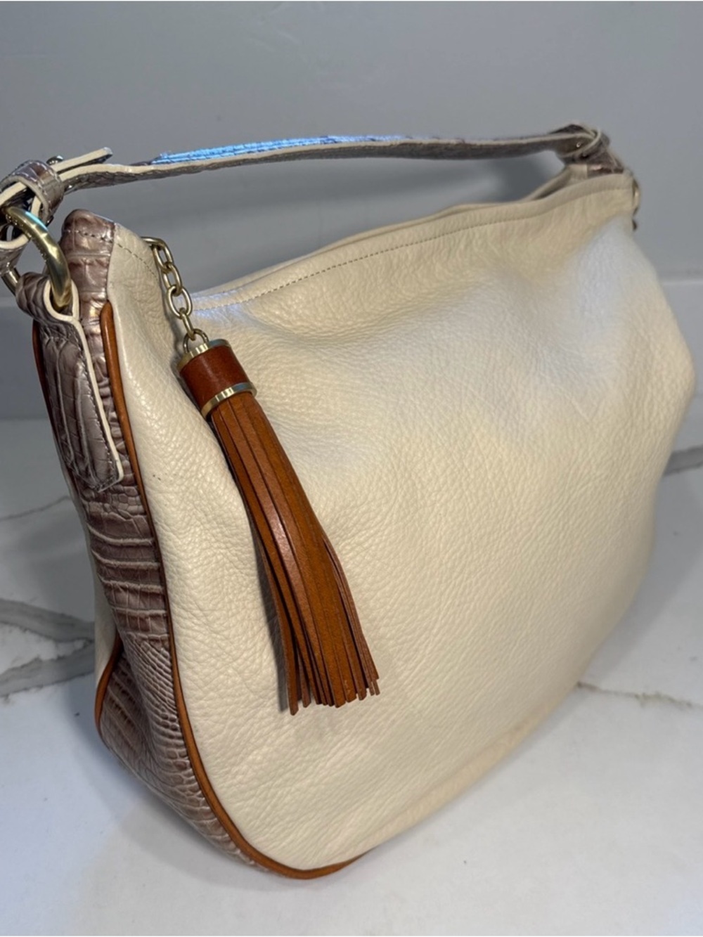 Brahmin Cream Pebbled Leather Shoulder Bag Tassel Brown Croc Accents